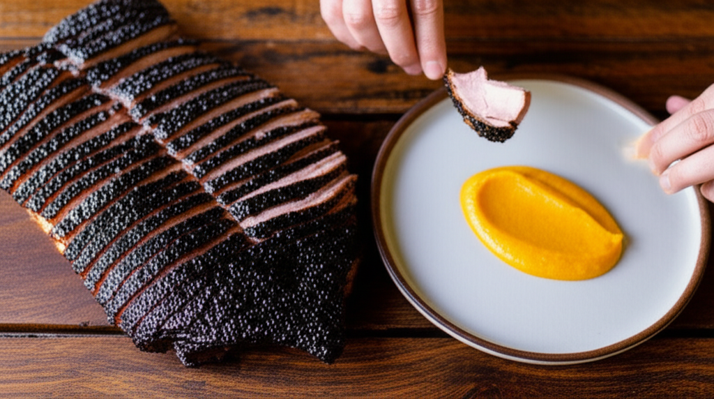 Pato assado com crosta de gergelim preto e purê de batata doce com gengibre, jantar chinês.