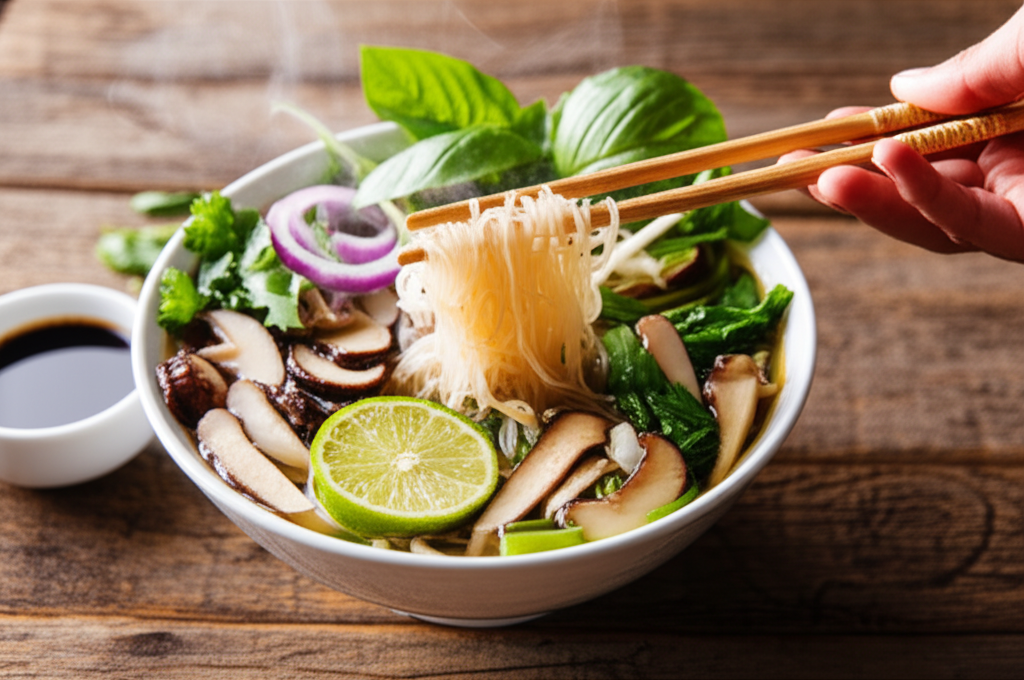 Pho vegano de cogumelos exóticos, macarrão shirataki, caldo de legumes fresco, jantar asiático saudável.
