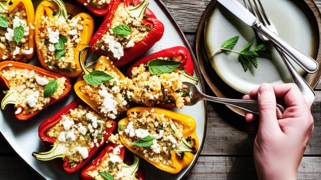 Pimentões recheados à grega com arroz de couve-flor, queijo feta e hortelã, receita low carb saborosa.