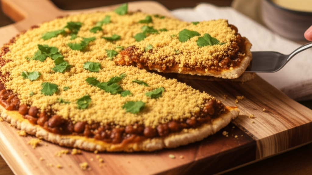 Pizza low carb de couve-flor com recheio cremoso de feijoada vegana e farofa crocante de castanhas.
