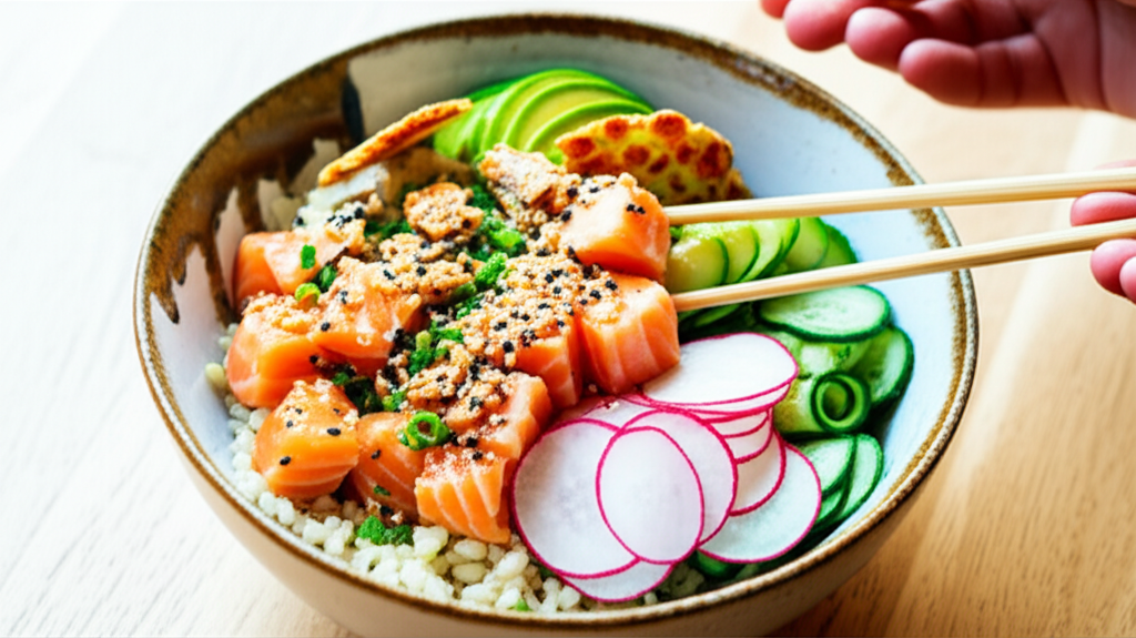 Poke bowl de salmão fresco, tucupi, arroz integral e castanha-do-pará, saudável e colorido.