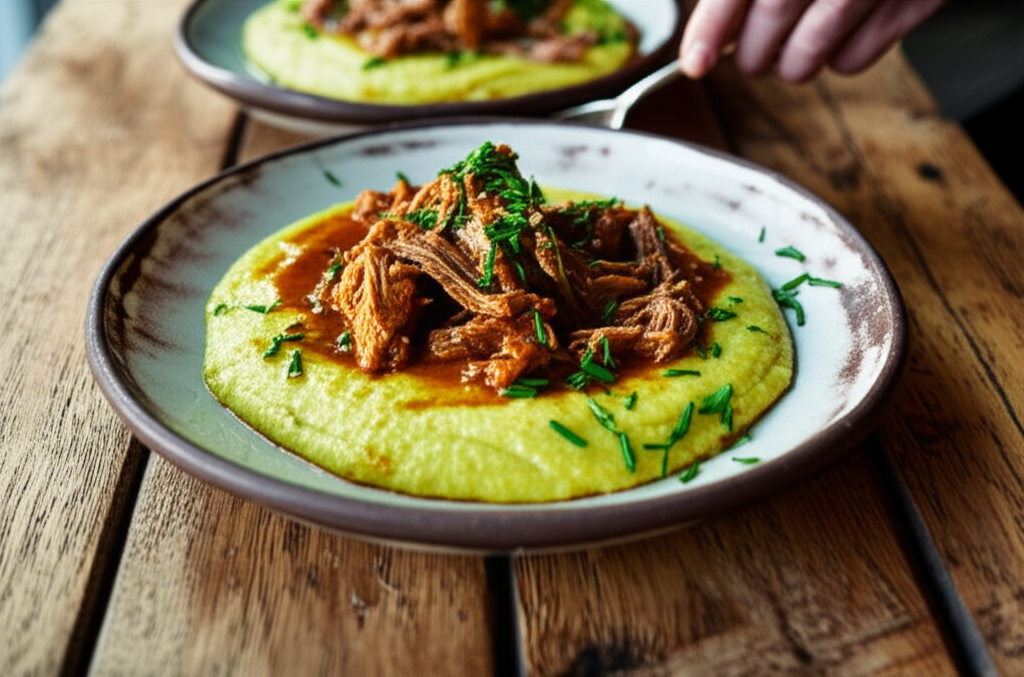Polenta cremosa de milho verde com ragú de costelinha suína desfiada, ervas frescas em tigela.