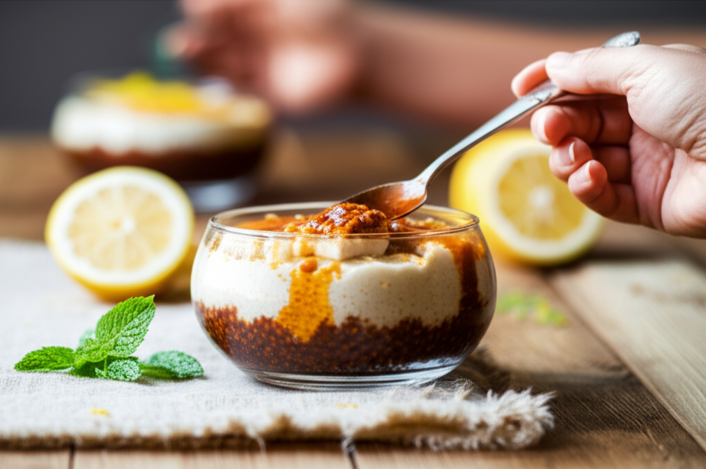 Pudim de tapioca cremoso, com limão siciliano e calda de coco queimado, servido elegantemente.