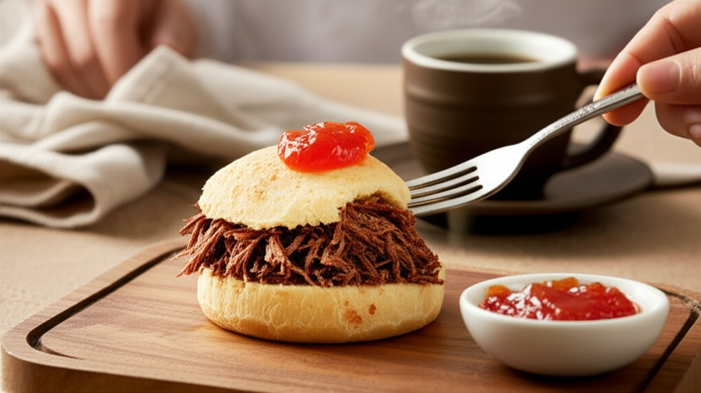 Pão de queijo recheado com carne seca cremosa, geleia de pimenta defumada, delicioso e fácil.