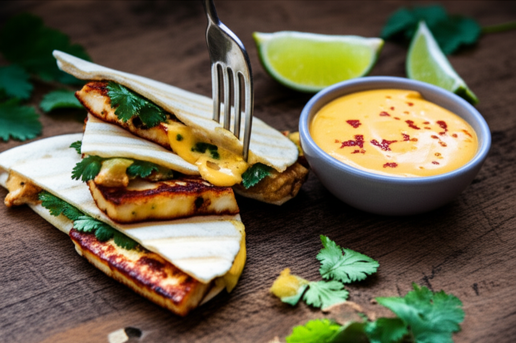 Quesadilla de frango fit com queijo coalho grelhado, creme de milho picante, saudável e fácil.