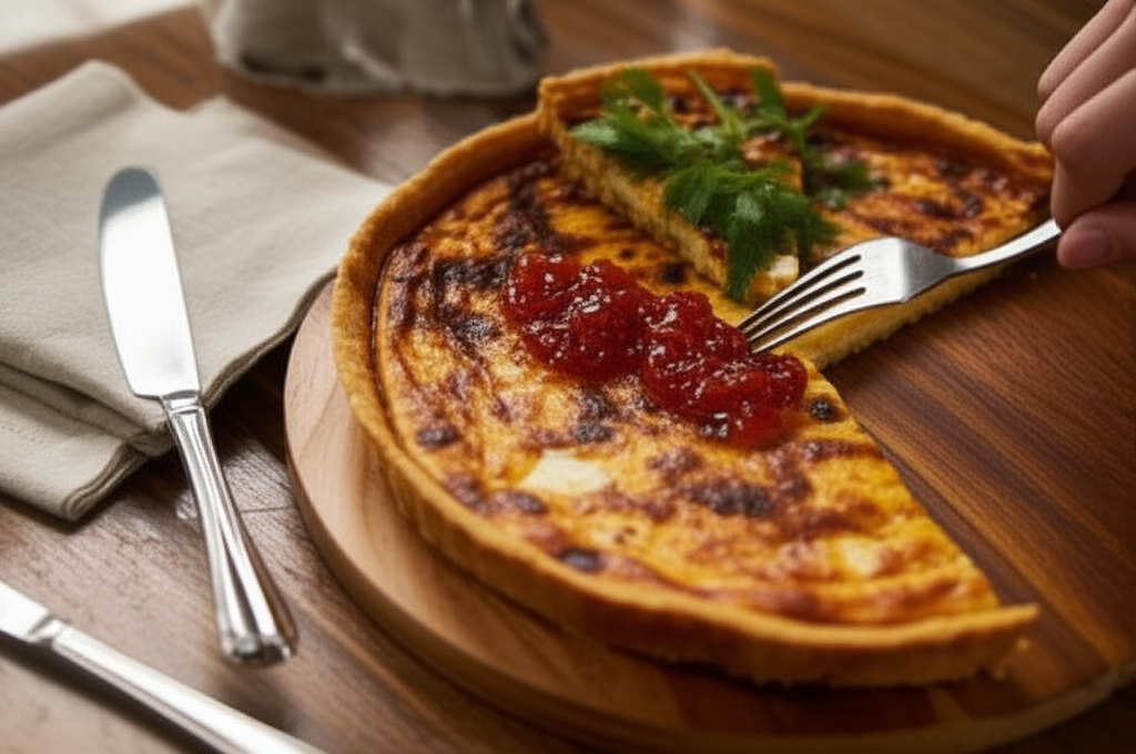 Quiche gourmet de queijo coalho grelhado, geleia de pimenta e massa de milho crocante. Almoço delicioso.