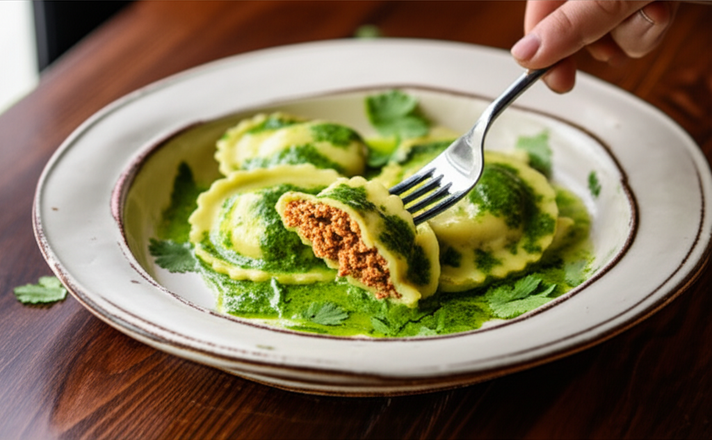 Ravioli de mandioca com recheio cremoso de carne seca e molho fresco de coentro.