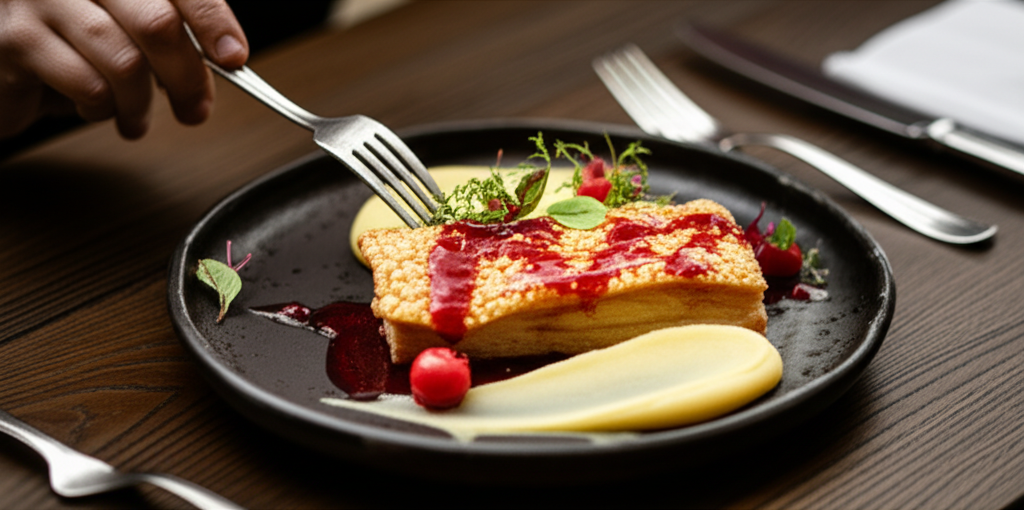 Barriga de porco crocante, glaceado de acerola picante e purê de mandioquinha defumado, prato especial.
