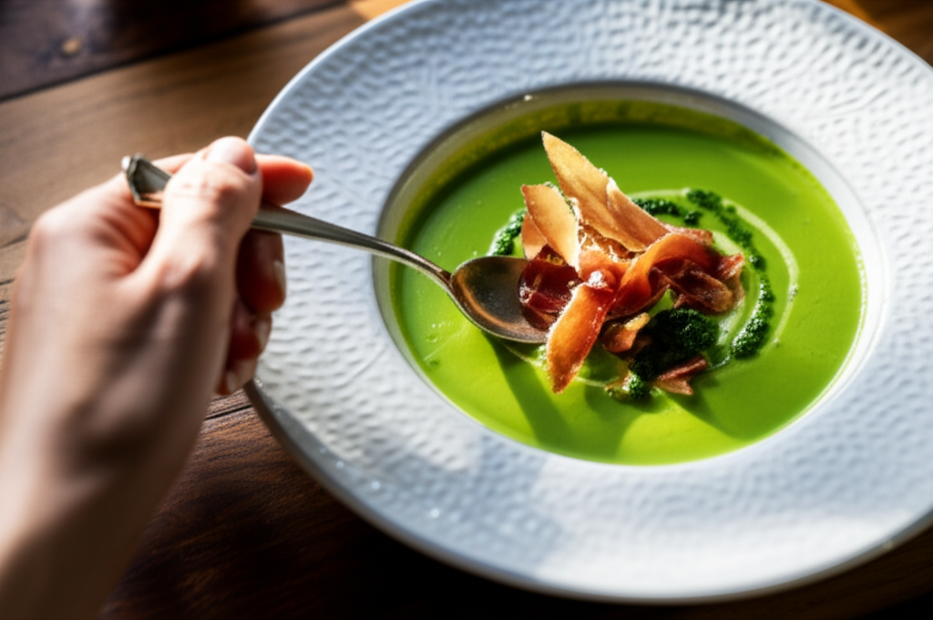 Creme de ervilha fresca cremoso com crocante de presunto Parma e pesto de hortelã gourmet.