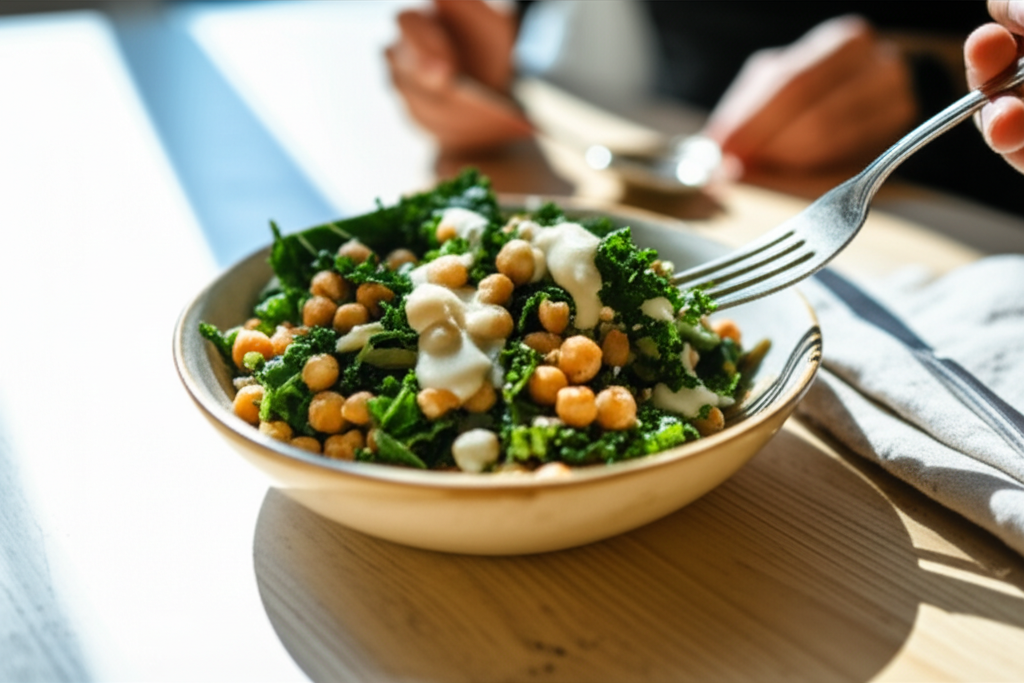 Salada morna vegana de grão de bico, couve e molho cremoso de castanha de caju.