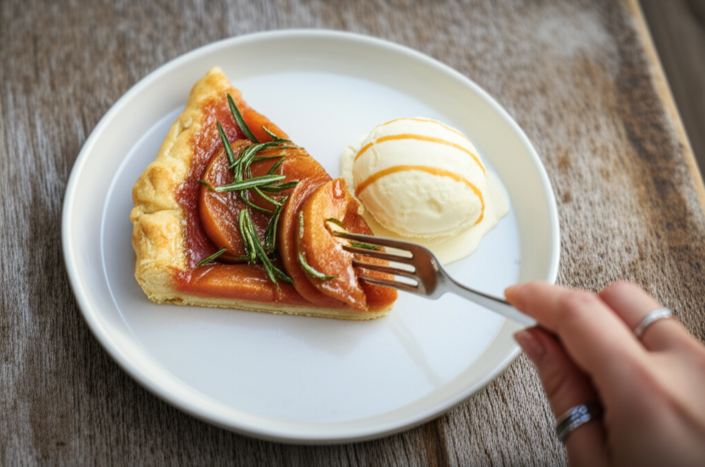Tarte Tatin de goiaba com alecrim, caramelizada, servida com sorvete cremoso de queijo coalho em prato.