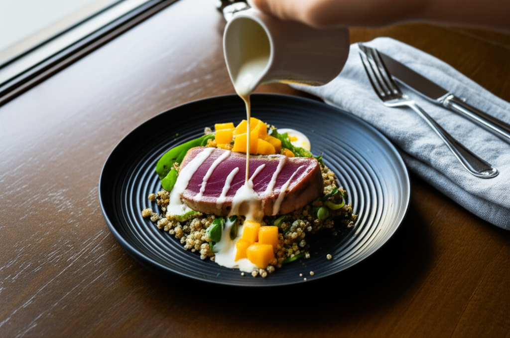 Salada colorida de atum fresco grelhado, freekeh, manga picante e molho tahine cítrico em tigela.