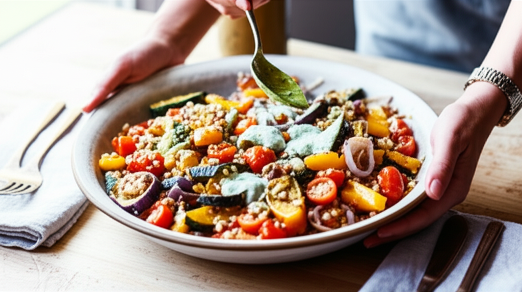 Salada de farro nutritiva com legumes assados coloridos e molho cremoso de iogurte e hortelã.