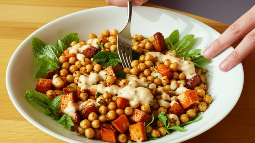 Salada vegana de grão de bico com abóbora assada, tempero za'atar e molho tahine cítrico.