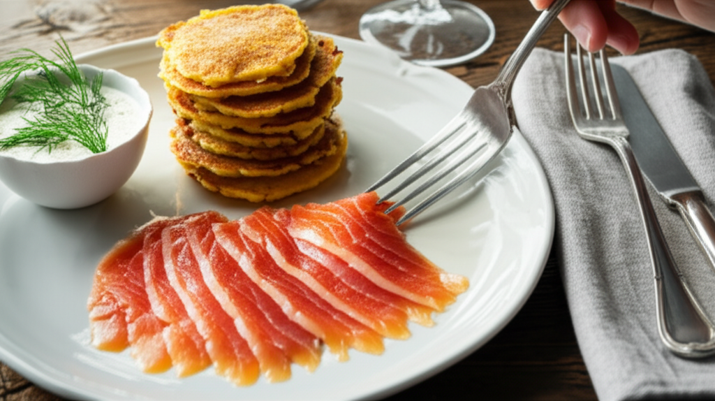 Salmão curado com cachaça, blinis de batata doce e gengibre, molho de iogurte e dill.