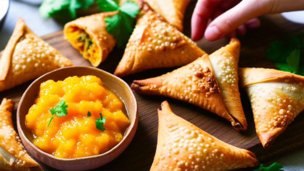 Samosas assadas de batata doce e espinafre com chutney de manga picante vegano.