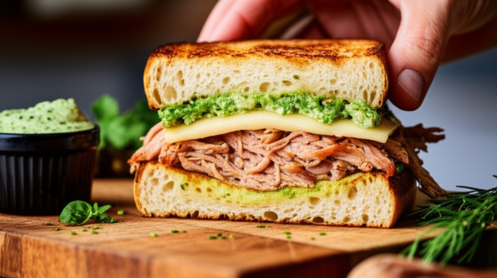 Sanduíche de pernil desfiado, maionese de chimichurri e queijo minas curado na chapa.