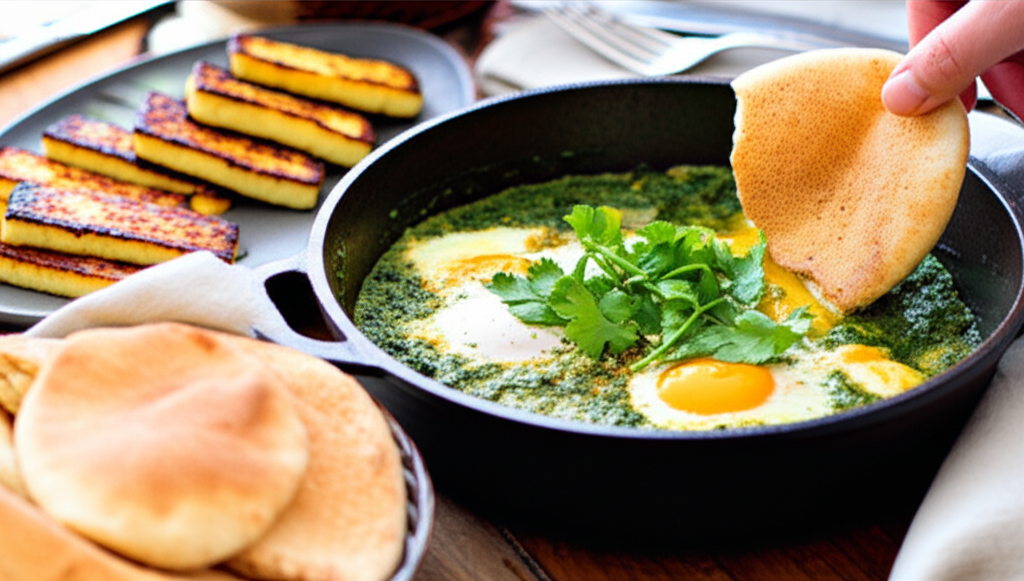 Shakshuka verde vibrante com ovos, halloumi grelhado e pão sírio. Ideal para brunch saudável.