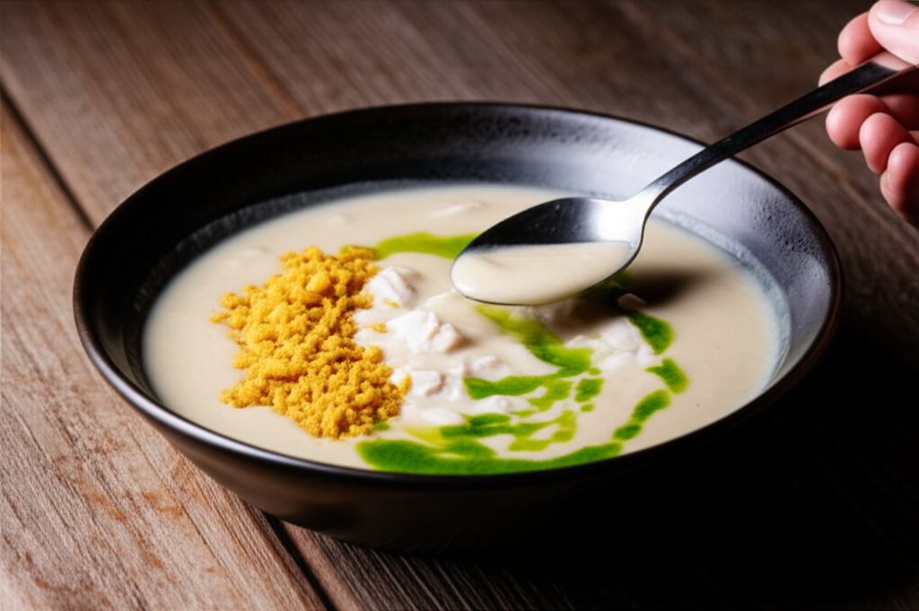 Sopa cremosa de pirarucu defumado com leite de castanha-do-pará e farofa crocante de banana-da-terra.