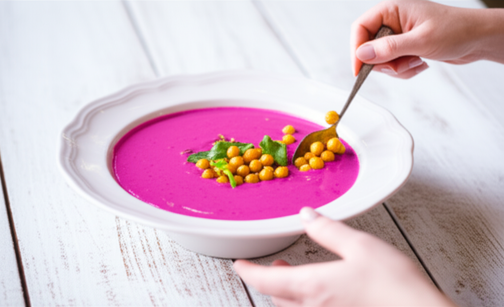 Sopa fria cremosa de beterraba e coco com gengibre, decorada com grão de bico crocante.