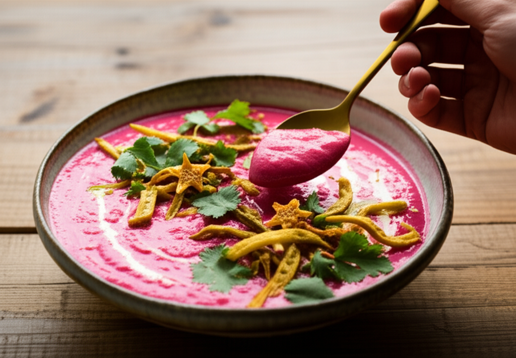 Sopa indiana de lentilha rosa cremosa com leite de coco e crisps de quiabo tostado, vegana.
