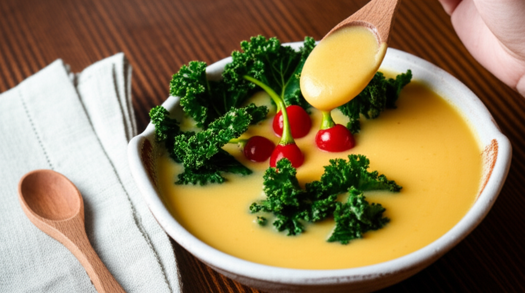 Sopa cremosa de mandioquinha com couve crocante e pimenta biquinho fresca, saudável e saborosa.