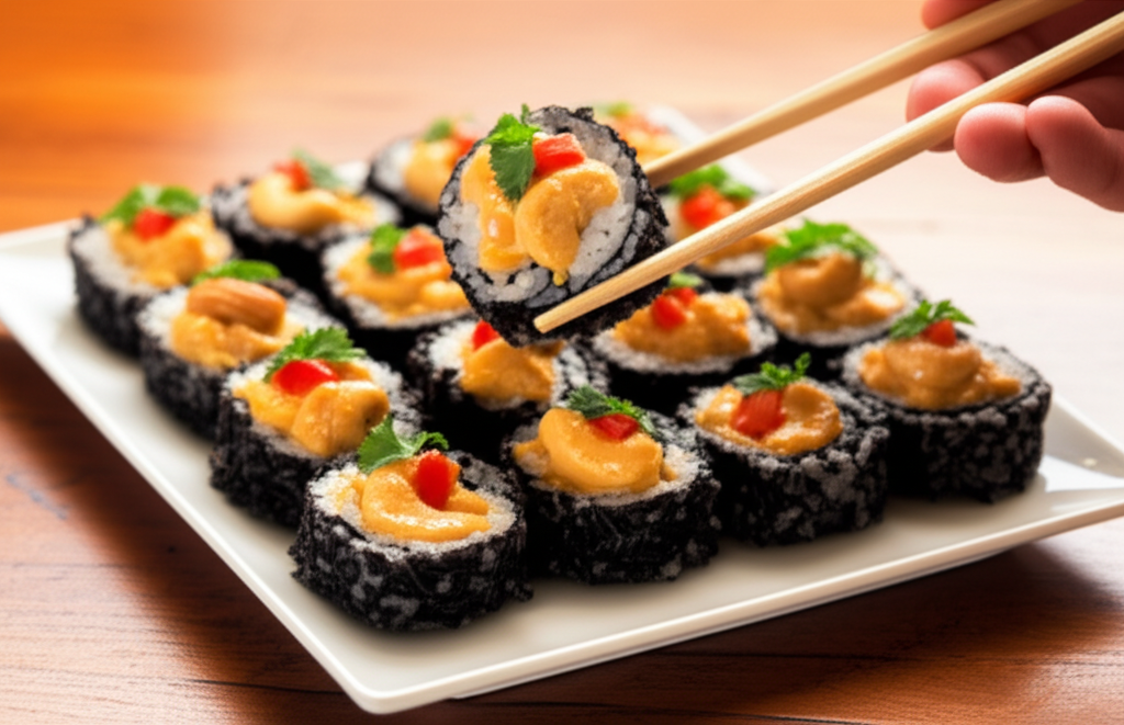 Sushi de moqueca de caju sobre arroz negro cremoso, decorado com coentro fresco.