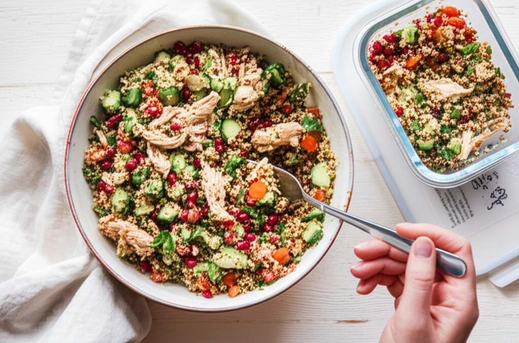 Tabule de quinoa com frango desfiado defumado, romã, hortelã e limão siciliano em tigela.