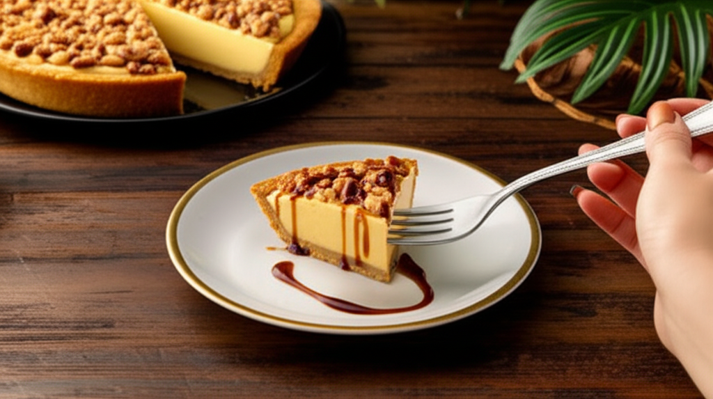 Fatia de torta cremosa de cupuaçu com crocante de castanha-do-pará, regada com calda de cachaça.