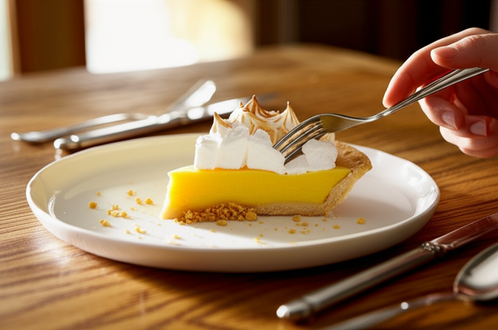 Torta cremosa de umbu com merengue de cachaça e farofa de coco queimado, sobremesa tropical elegante.