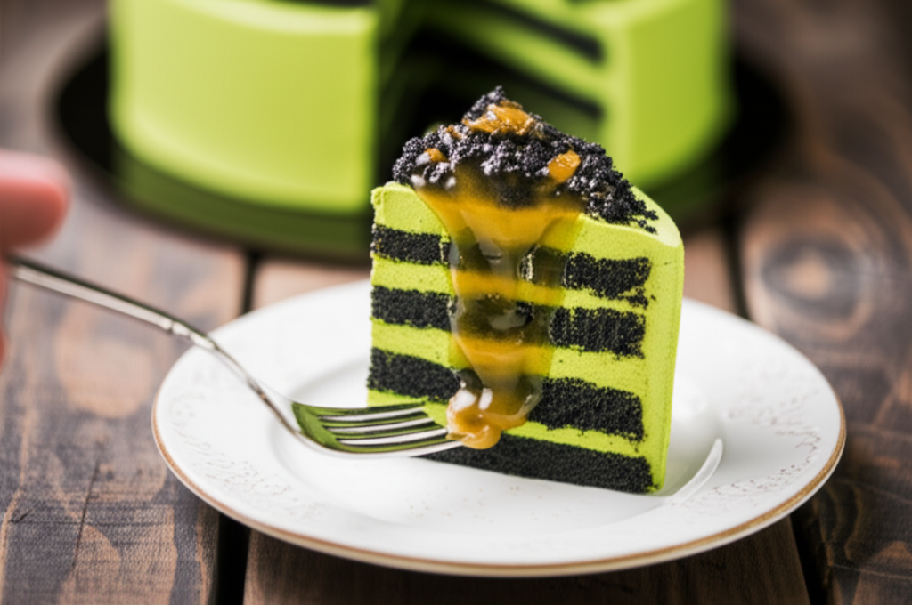 Torta mousse de matcha fatiada com calda de gengibre, crumble de gergelim preto crocante.