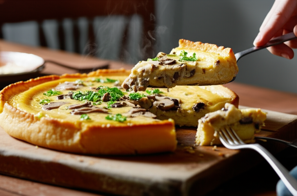 Torta rústica de mandioca cremosa com cogumelos salteados e queijo Gruyère defumado, vista superior.
