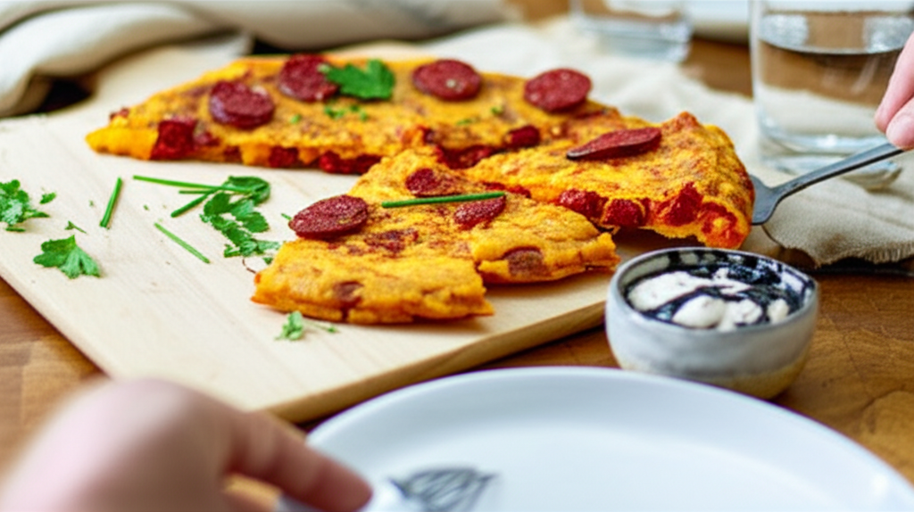 Tortilla Espanhola saudável de batata doce com chorizo vegetal e aioli de alho negro para brunch.