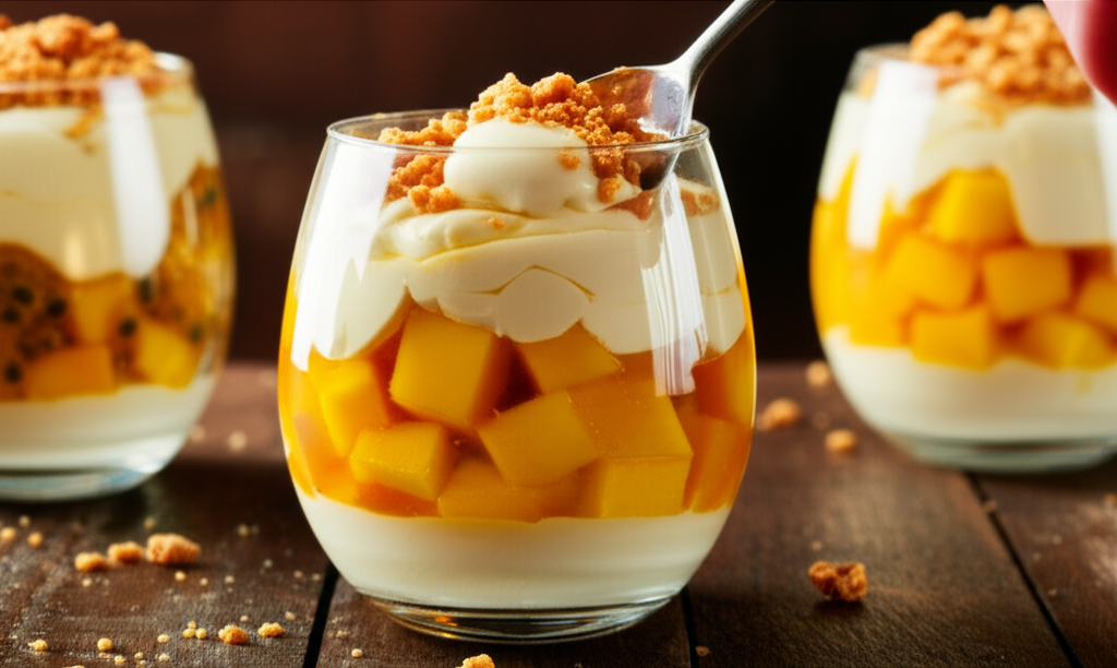 Trifle tropical de manga e maracujá com creme de cachaça, decorado com crocante de castanha-de-caju.