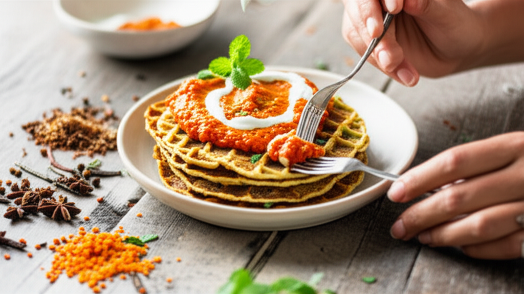 Waffle salgado etíope vegano com lentilha cremosa e iogurte de hortelã, perfeito para brunch exótico.