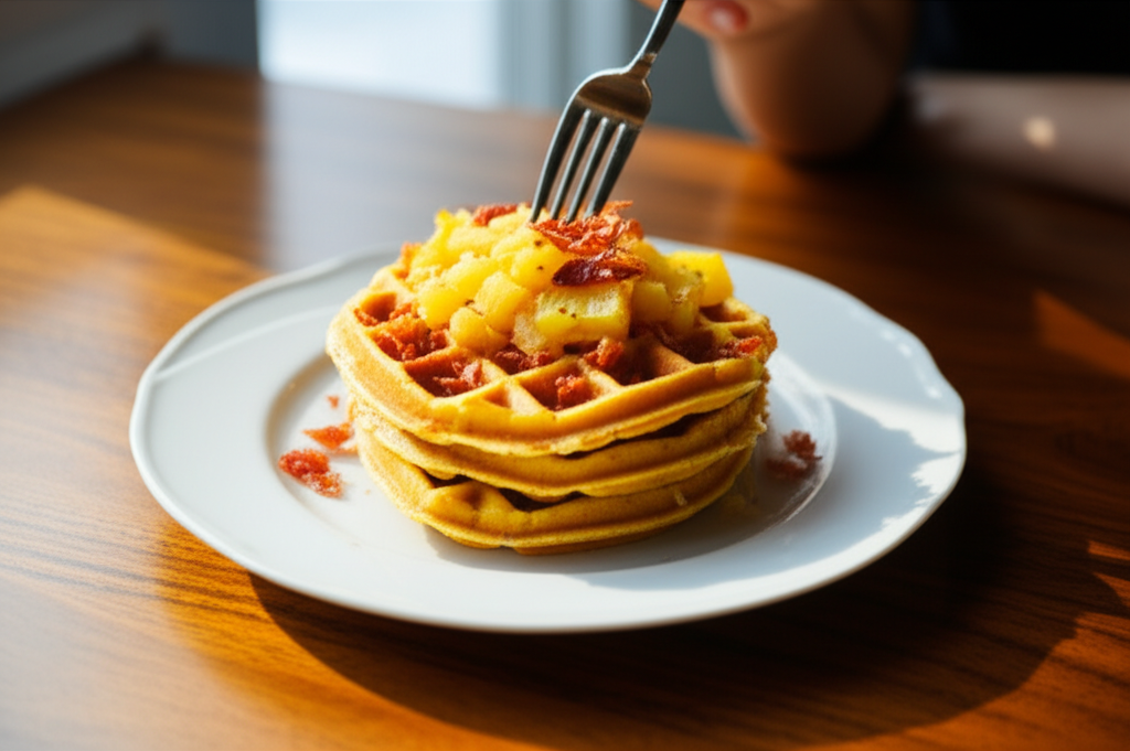 Waffle de milho e queijo dourado, chutney de abacaxi picante, crocante bacon defumado.