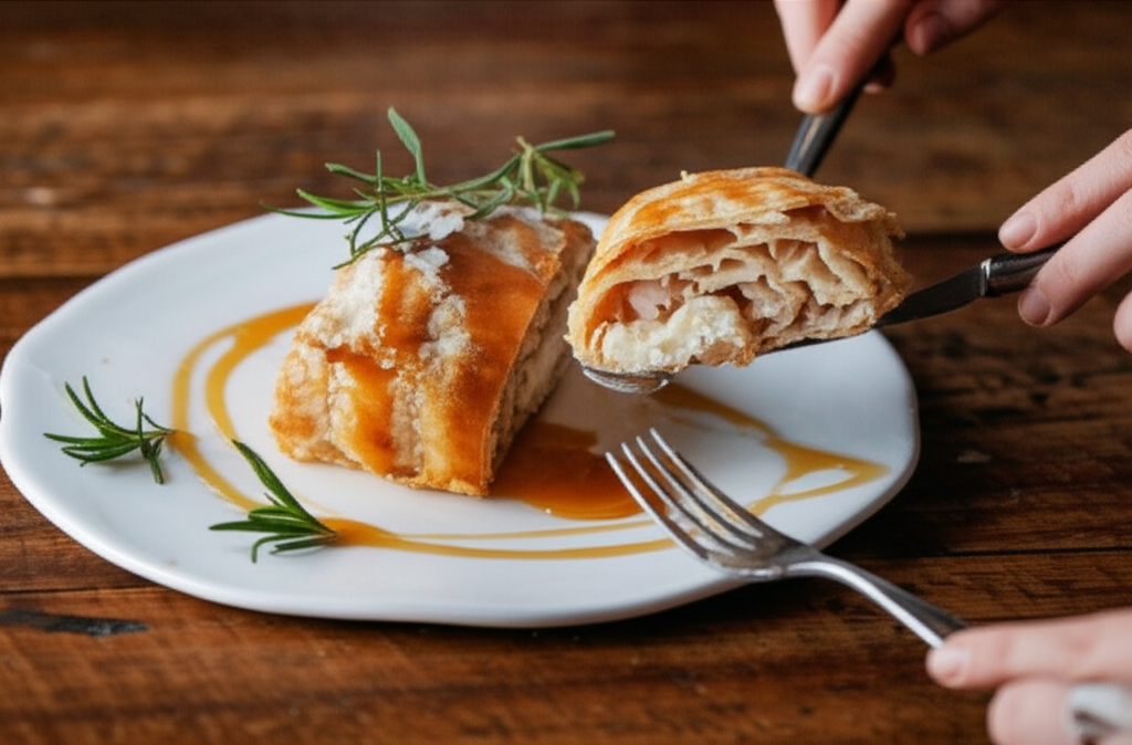 Apfelstrudel de Queijo Minas Cremoso com Calda de Cumaru e Alecrim, sobremesa gourmet.
