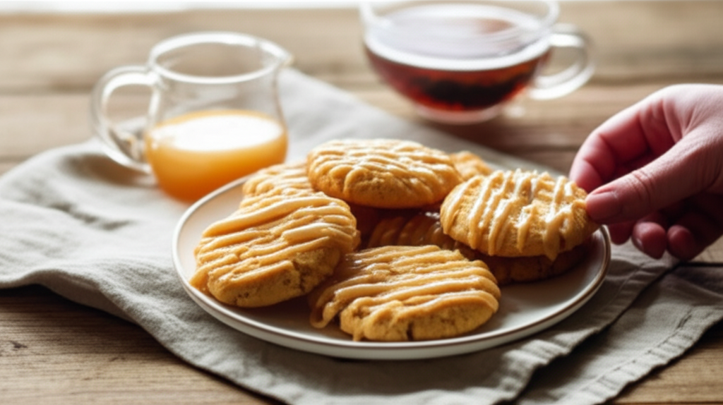 Biscoitos amanteigados de Lapsang Souchong defumado com calda de gengibre cristalizado em travessa elegante.