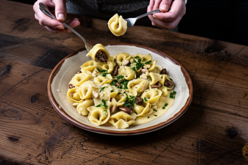 Cappelletti de carne seca com molho cremoso de cumaru e castanha-do-pará, prato italiano-brasileiro.