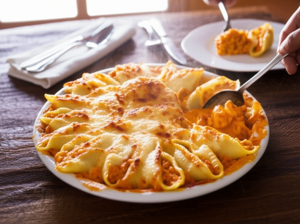 Conchiglione recheado com bobó de camarão cremoso, gratinado com queijo coalho e ervas frescas.