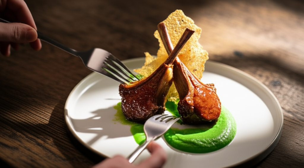 Cordeiro marinado em hidromel com purê de ervilha doce e crocante de centeio, pronto para servir.