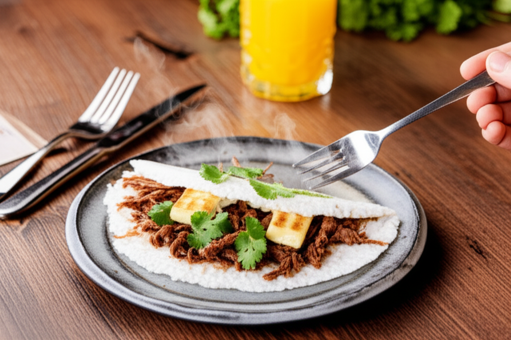 Crepe de tapioca cremoso recheado com carne de sol desfiada e queijo coalho grelhado.