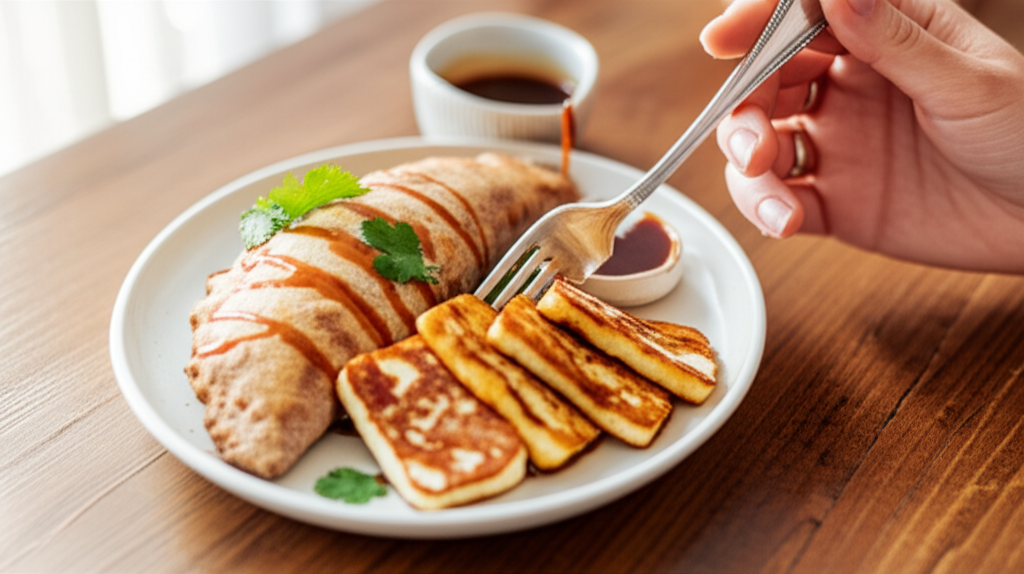 Empanada assada de batata doce roxa com halloumi grelhado para um brunch vegetariano.