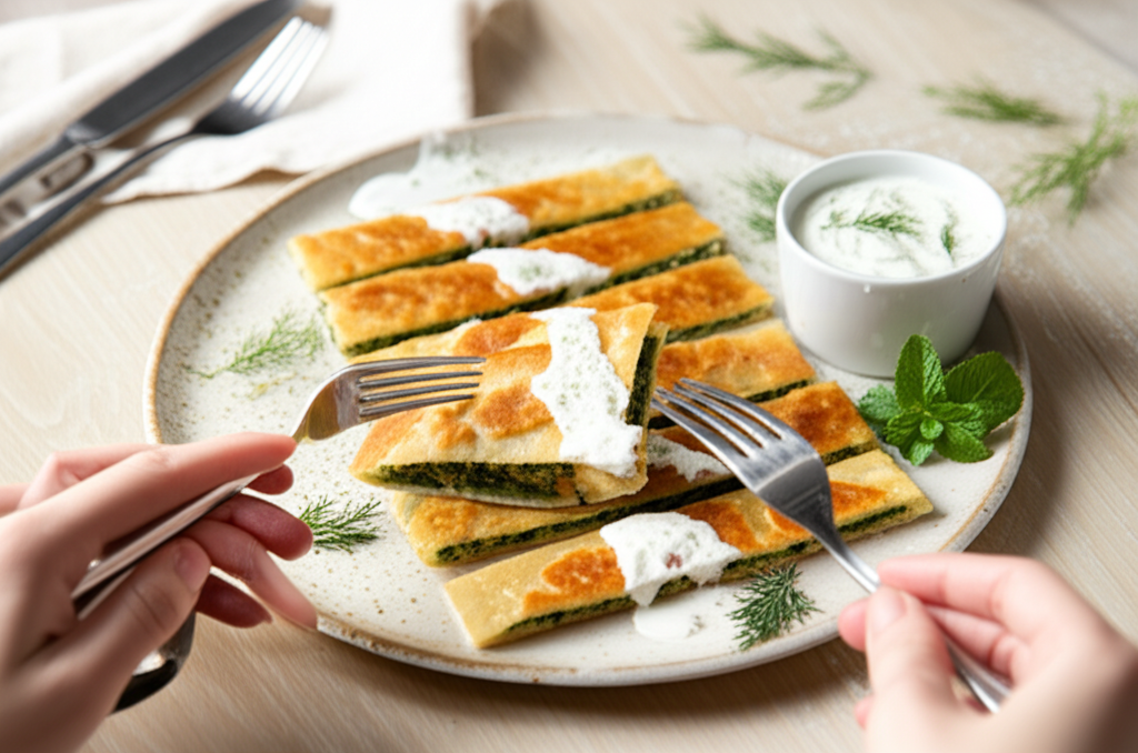 Gözleme turco vegetariano de espinafre e feta, com molho cremoso de iogurte e ervas frescas.