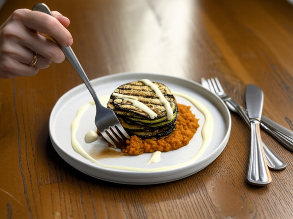 Moussaka desconstruída com abobrinha grelhada, ragú de lentilha vermelha e bechamel cremoso de castanha de caju.