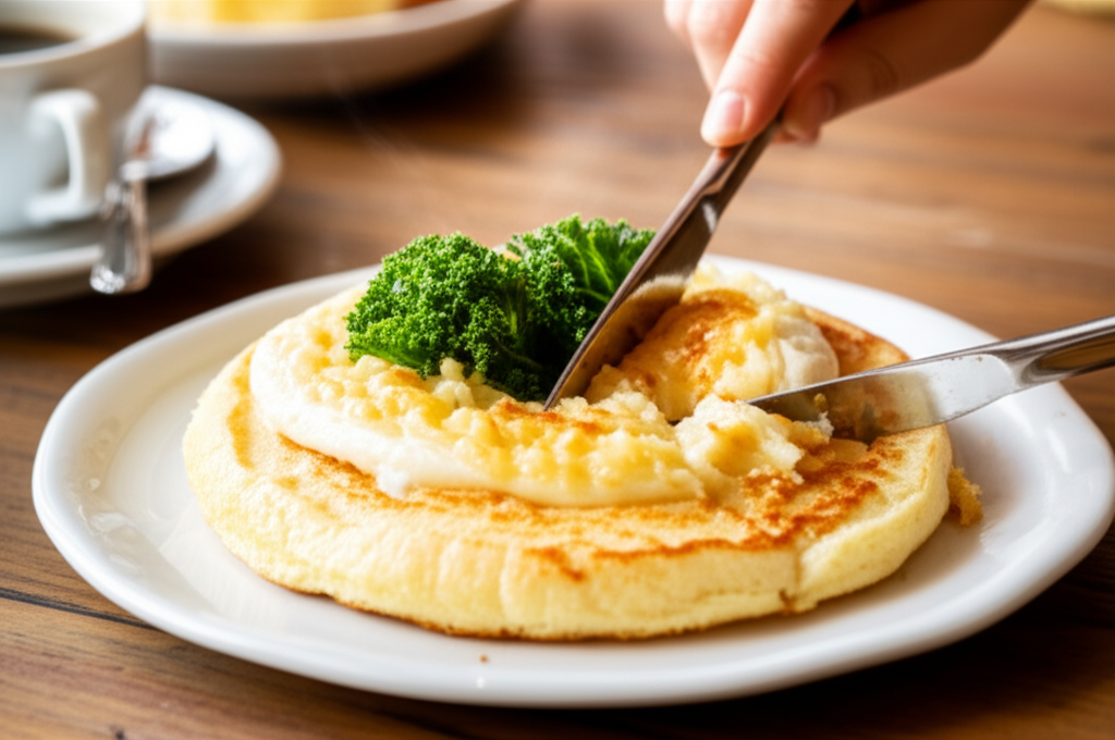 Panqueca cremosa de pão de queijo com requeijão de raspa gratinado e crocantes crisps de couve.