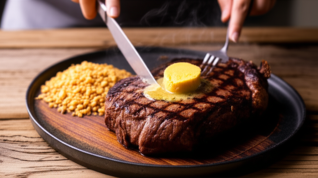 Picanha grelhada suculenta com manteiga de pupunha defumada e farofa de castanha-de-baru.