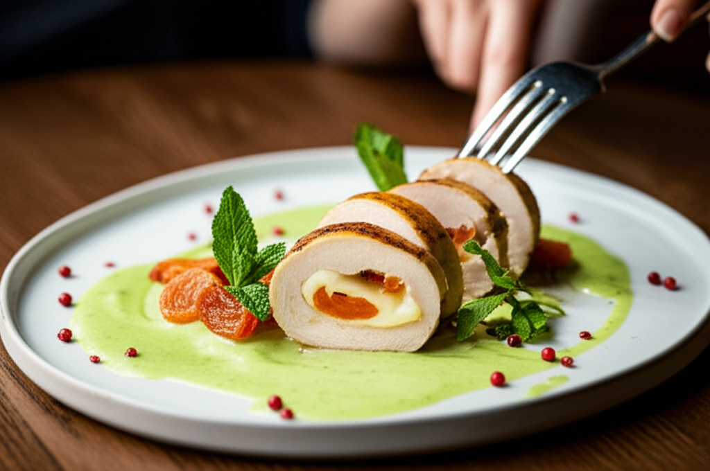 Roulade de frango recheado com brie e damasco, regado com molho cremoso de hortelã e pimenta rosa.