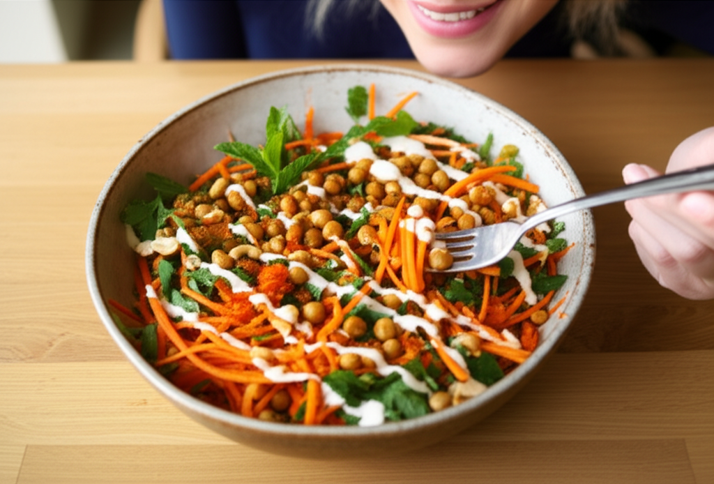 Salada Tailandesa de cenoura, grão de bico crocante, molho cremoso picante de castanha de caju.