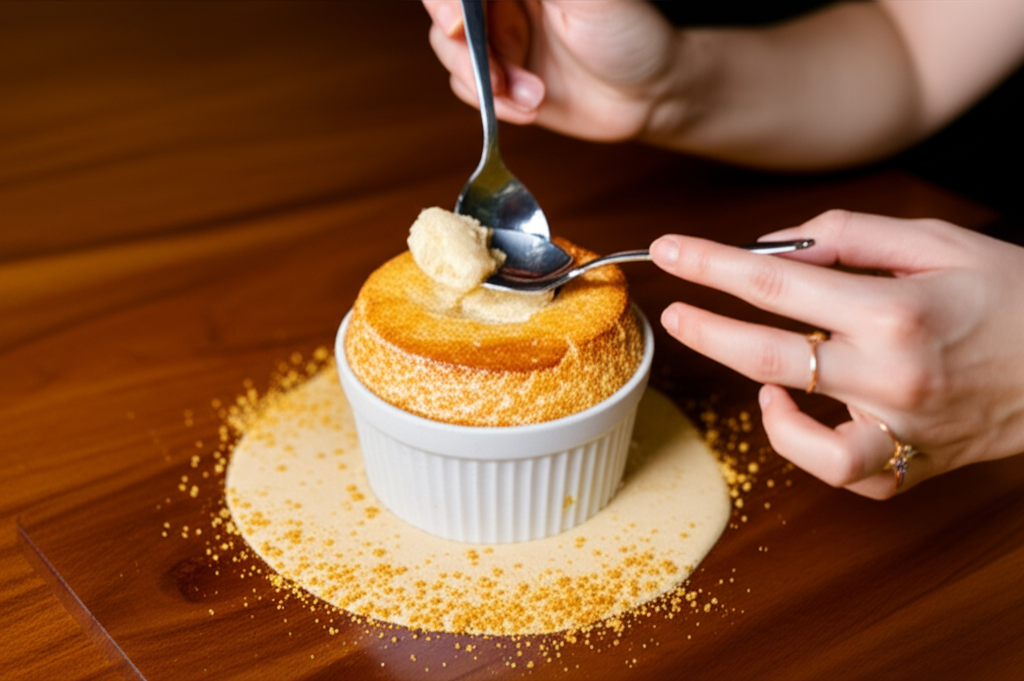 Soufflé de graviola leve com calda de caju apimentada e crumble de castanha-de-baru, sobremesa elegante.